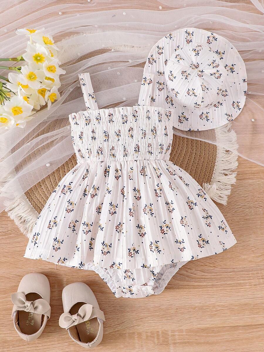 2pcs/Set Baby Girl's Summer Ditsy Floral Strap Bodysuit Dress With Hat - Apricot - View 1