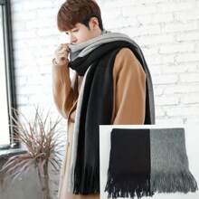 Cachecol de caxemira masculino à prova de vento, cachecol longo de lã com borla, cor de emenda macia, lenço de pescoço de inverno