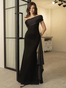 优雅不对称颈腰拼接设计修身鸡尾酒会礼服、婚礼宾客礼服