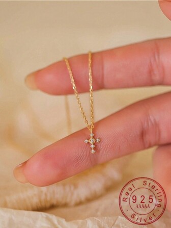 1 st S925 Sterling Zilver 14K Goud Verguld Mini Cubic Zirconia Kruis Gelaagde Ketting, Veelzijdig & Accessoire Voor Meisjes