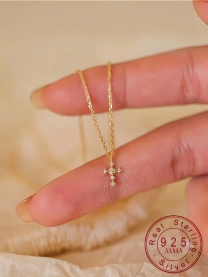 1pc S925 Sterling Silver 14K Gold Plated Mini Cubic Zirconia Cross Layered Necklace, Versatile & Accessory For Girl
