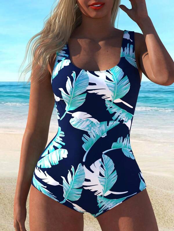 Damen Große Größen Tropical Pflanzendruck Lässig rückenfrei Badeanzug, für Sommer Strand Urlaub