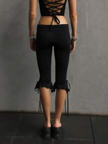 Women Capri Pants Solid Color Elastic Waist Tie-Up Summer Casual Cropped Pants Stretch Crop Leggings - 黑色 - 查看 5