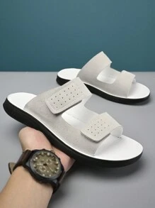 Men's Adjustable Hook & Loop Suede Casual Beach Slippers For Summer - Beige - View 2