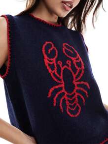 Womens Stylish Ribbed Knit Sweater Vests Cherry Lobster Contrast Hues Sleeveless Crew Neck Slim-Fitting Tank Tops