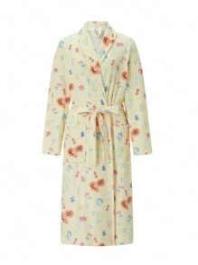 Bata de franela para mujer, con estampado floral, cuello chal, para hotel, spa, fiesta, kimono con cinturón - Amarillo - Ver 1