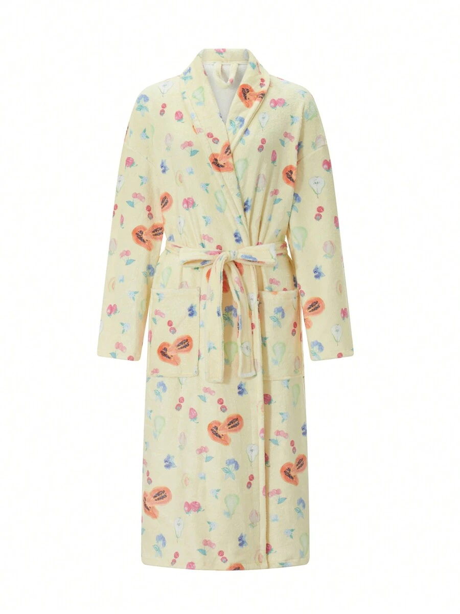 Bata de franela para mujer, con estampado floral, cuello chal, para hotel, spa, fiesta, kimono con cinturón - Amarillo - Ver 1