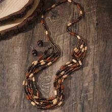 Coffee Color Wood Bead Multi-Layer Necklace And Earrings Set - Mixed Coffee Color - View 3