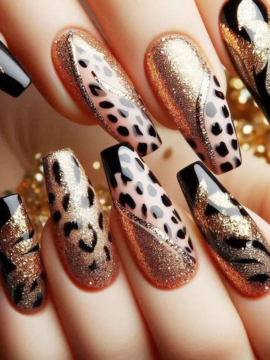 1 Box Of 24pcs Luxury Sweet Leopard Print & Striped Sequin High-End Design European & American Style Short False Nails For Girls & Women, Includes 1pc Gel Polish Bottle & 1pc Nail File As Gift Set Press On Nails