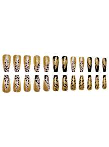 1 Box Of 24pcs Luxury Sweet Leopard Print & Striped Sequin High-End Design European & American Style Short False Nails For Girls & Women, Includes 1pc Gel Polish Bottle & 1pc Nail File As Gift Set Press On Nails