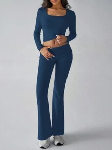 Women's Two Pieces Fall Clothes Y2K Slim Sexy Solid Color Square Collar Long Sleeve Top Pant Suit
