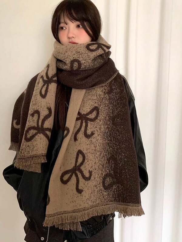1pc Coffee Brown Polyester Adorable Bow Design Sweet Tassel Decor Warm Scarf Valentines