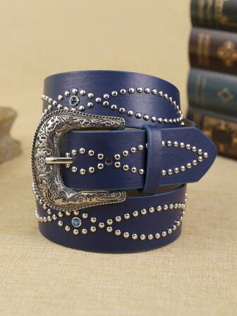 1pc Women's Blue PU Metal Rhinestone Belt, Fashion Bohemian Style Casual Dress Accessory Summer, School Fall, Autumn, Halloween