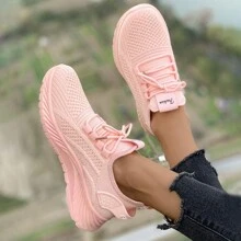 Women's Breathable Knit Sneakers, Lightweight Lace-Up Low-Top Running And Casual Shoes, Non-Slip PVC Sole, Suitable For Holiday Wear, All Seasons