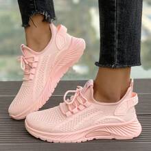 Women's Breathable Knit Sneakers, Lightweight Lace-Up Low-Top Running And Casual Shoes, Non-Slip PVC Sole, Suitable For Holiday Wear, All Seasons