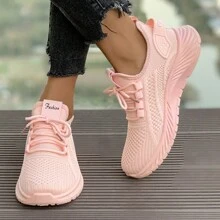 Women's Breathable Knit Sneakers, Lightweight Lace-Up Low-Top Running And Casual Shoes, Non-Slip PVC Sole, Suitable For Holiday Wear, All Seasons