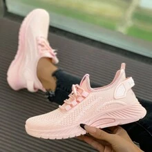Women's Breathable Knit Sneakers, Lightweight Lace-Up Low-Top Running And Casual Shoes, Non-Slip PVC Sole, Suitable For Holiday Wear, All Seasons