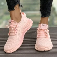 Women's Breathable Knit Sneakers, Lightweight Lace-Up Low-Top Running And Casual Shoes, Non-Slip PVC Sole, Suitable For Holiday Wear, All Seasons