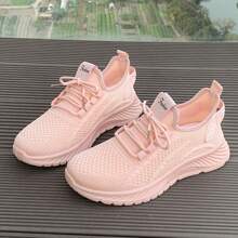 Women's Breathable Knit Sneakers, Lightweight Lace-Up Low-Top Running And Casual Shoes, Non-Slip PVC Sole, Suitable For Holiday Wear, All Seasons