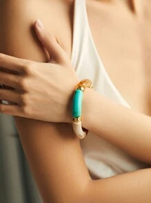 ORNAPEADIA 1条波西米亚风豹纹纯色树脂弹力手链，适合女性日常佩戴和聚会，可作礼物 - 圓形 - 查看 18