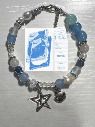 سوار بشكل نجمة خماسية مصنوع يدويًا من لؤلؤ طبيعي بلون أزرق-رمادي مجوف من الداخل من محار للنساء، مناسب للاستخدام اليومي والحفلات 1 قطعة