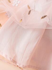 Summer New Baby Girls Mesh Embroidery Flower Trim Short Sleeve Dress - Dusty Pink - View 7