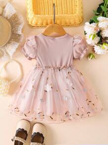 Summer New Baby Girls Mesh Embroidery Flower Trim Short Sleeve Dress - Dusty Pink - View 3