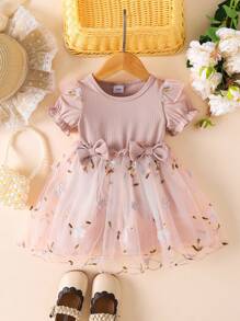 Summer New Baby Girls Mesh Embroidery Flower Trim Short Sleeve Dress - Dusty Pink - View 2