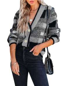 Womens Cardigan Sweaters Plaid Fuzzy Knit V Neck Button Down Long Sleeve Cozy Cardigans Pullover Tops - Grey - View 5