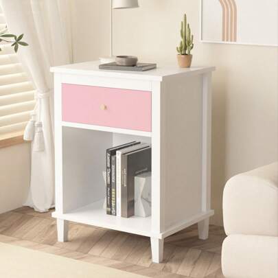MERAX 26.77''H Wooden Nightstand With One Drawer One Shelf For Kids, Adults, White/Pink