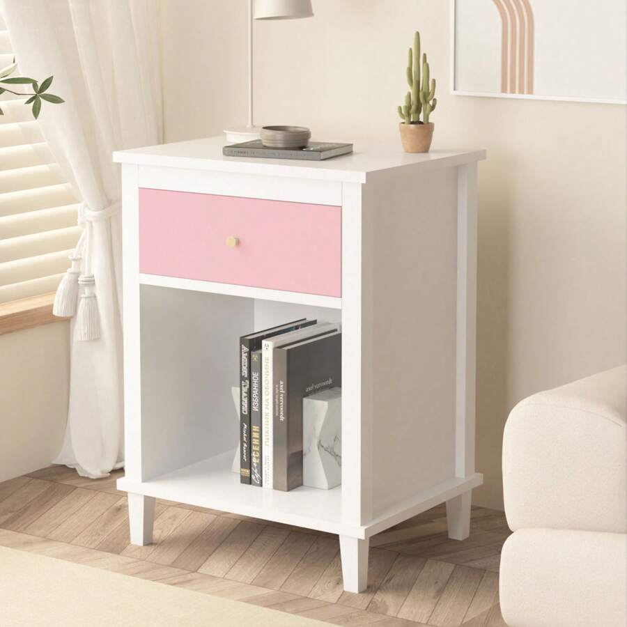 MERAX 26.77''H Wooden Nightstand With One Drawer One Shelf For Kids, Adults, White/Pink - Pink - View 1