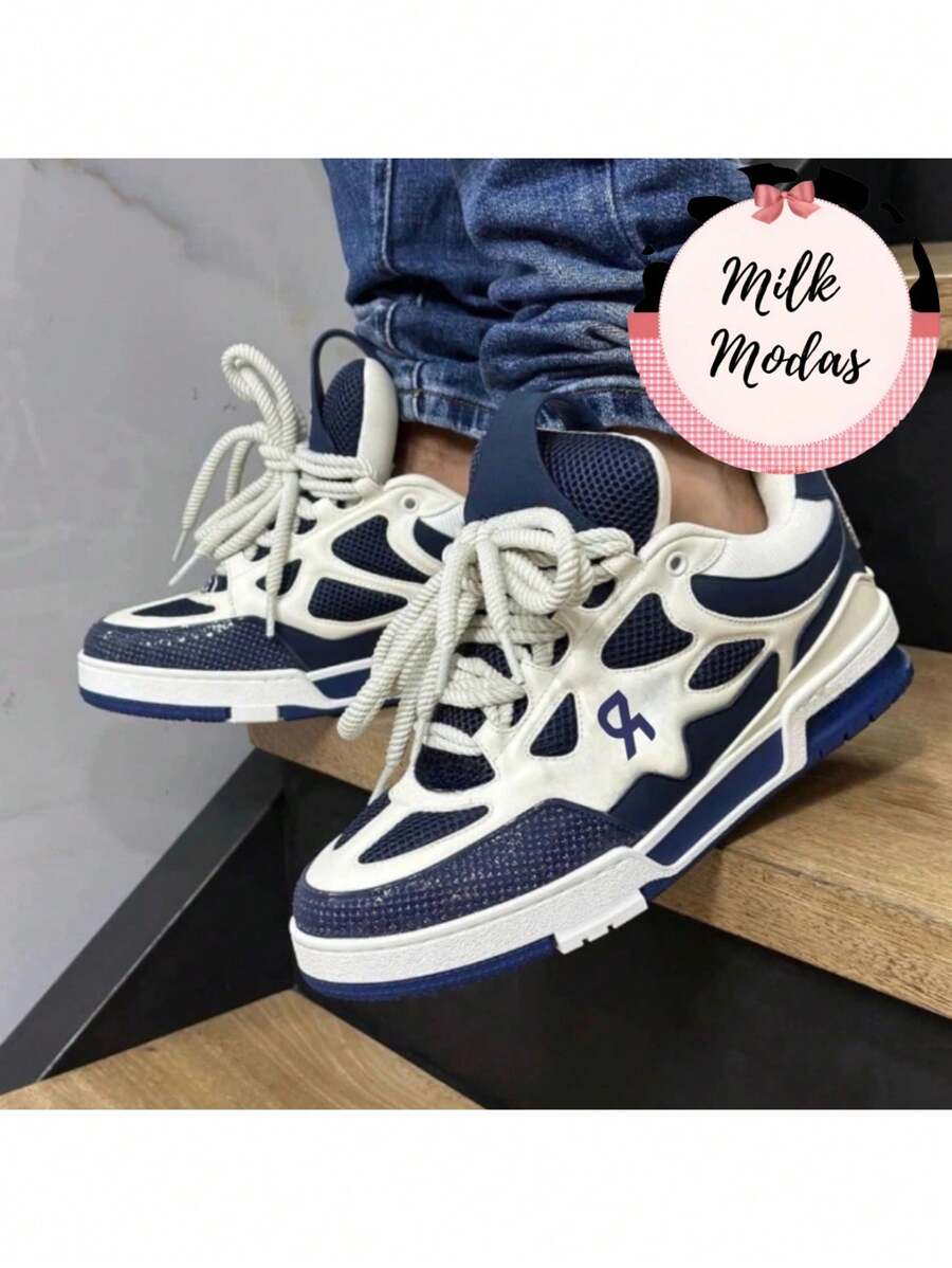 Skate Sneaker Griffes Luxury Leather Comfortable Lightweight Men's Women's Shoes - Trắng và xanh nước biển - Xem 1