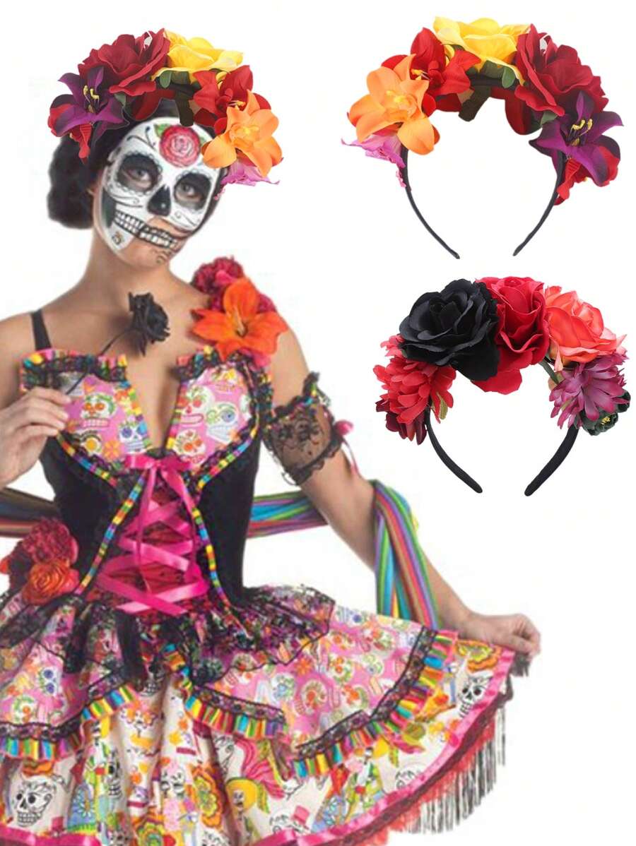 Ngày Của Người Chết Đầu Trang Phục Hoa Hồng Mexico Hoa Đầu Đỏ Hoa Hồng Đen Hoa Thái Đầu Halloween Trang Phục Hóa Trang Mũ Trụ