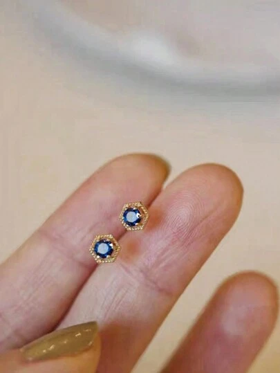 1 Pair S925 Sterling Silver Blue Zirconia Hexagon Stud Earrings, Elegant Luxury Jewelry Gift For Women, Friendship, Students, Festivals