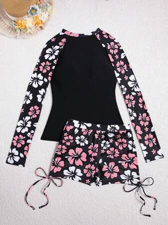 2pcs/Set New Long Sleeve Floral Print Tankini Swimwear With Board Shorts, For Summer Beach Vacation