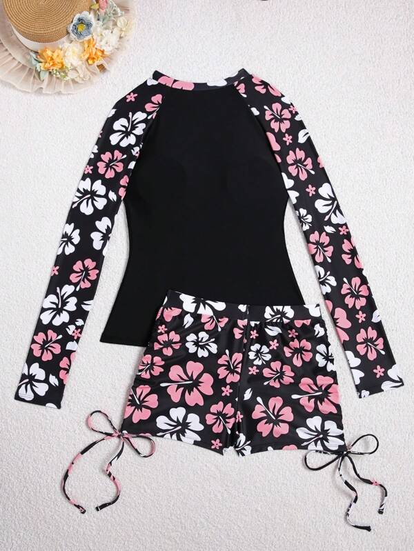 Set de 2 piezas Nuevo traje de baño tipo tankini de manga larga con estampado floral y shorts, para vacaciones de verano en la playa