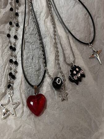 5PCS Vintage Fashion Leather Rope Star Pendant Necklace For Women Men Antique Silver Color Jewelry Accessories Y2k Aesthetic