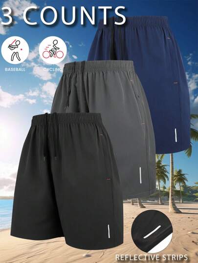 3pcs/Set Men's Ice Silk Beach Shorts, Casual Quick-Dry 5-Inch Loose Fit Basketball Sports Shorts With Reflective Stripe Hidden Zipper Design, Spring/Summer