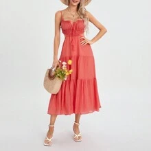 Women Summer Casual Long Dress Y2k Spaghetti Strap Bodycon Low Cut Dress V-Neck Sleeveless Solid Color Tie-Up High Backless Sexy Fashion Party Sling Maxi Dress - Màu Hồng  Dưa hấu - Xem 10