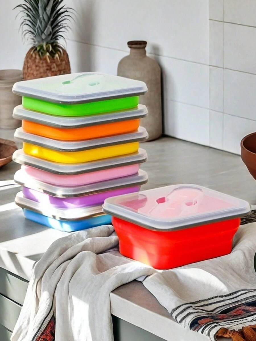 SPROUTS TREES 1 件装多色单格可解扣硅胶折叠便当盒，微波炉适用午餐盒，密封食品储存容器