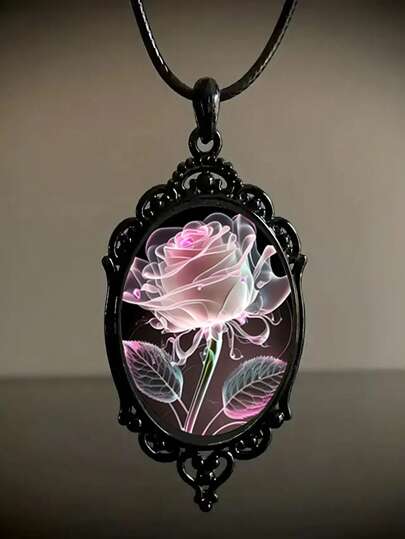 1pc Exquisite Oval Black Frame Time Glass Decoration Pink Rose Flower Pattern Pendant Necklace, Retro Romantic Jewelry For Valentine's Day, Anniversary, And Holiday Gift. Valentines,Mom,Mother,Mother's Day,Gift
