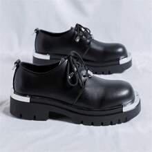 Glänzende Herren Low-Top Stiefel, modisch, absatzerhöhend, leicht, abriebfest, Rundkappen Derby-Schuhe, Herren Streetstyle Schuhe, Metallkappe an der Zehenpartie, geeignet für Laufsteg, Aufführungen, Punk Rock - Schwarz - Übersicht 2