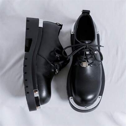 Men's Shiny Low-Top Boots, Fashionable, Height-Increasing, Lightweight, Abrasion-Resistant, Round-Toe Derby Shoes, Men's Street Show Shoes, Metal Bumper Toe, Suitable For Runway, Performance, Punk Rock