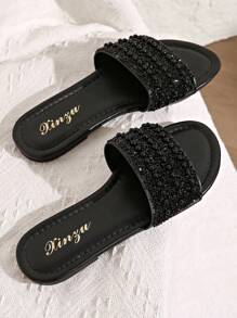 Plus Size Women Flat Sandals, Vacation Casual Versatile Rhinestone Decorated Slide Slippers For Summer