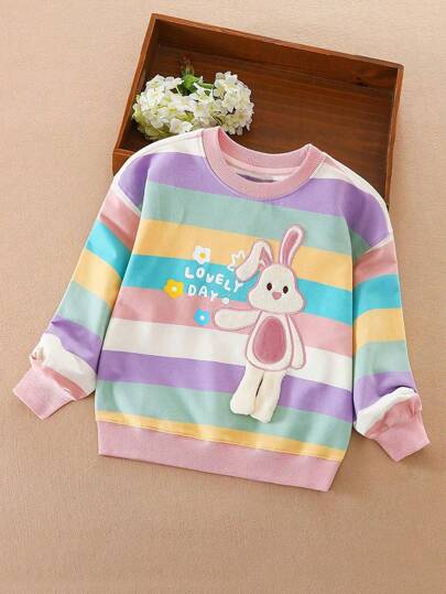 Tween Girls Cute Rainbow Striped Long Sleeve T-Shirt, Pulôver, Primavera/Outono, Criança pequena/Criança grande