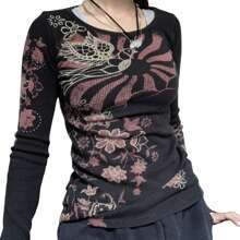 Women Y2k Shirt Vintage Print Long Sleeve Round Neck Fairy Slim Tops Club Grunge Streetwear - 黑色 - 查看 2