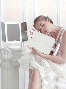 1pc Three-Fold LED Makeup Mirror, Folding Vanity Mirror With Stand & 3 Color Lighting, Lighted Mirror With Touch Screen Dimming For Cosmetic, Women Gift(White/Pink)