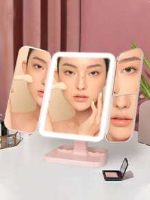 1pc Three-Fold LED Makeup Mirror, Folding Vanity Mirror With Stand & 3 Color Lighting, Lighted Mirror With Touch Screen Dimming For Cosmetic, Women Gift(White/Pink)