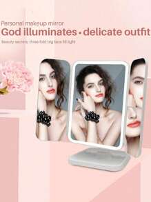 1pc Three-Fold LED Makeup Mirror, Folding Vanity Mirror With Stand & 3 Color Lighting, Lighted Mirror With Touch Screen Dimming For Cosmetic, Women Gift(White/Pink)