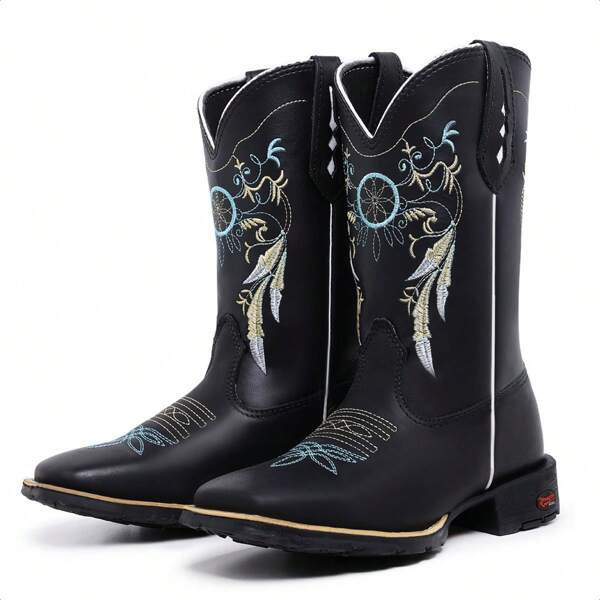 Bota Texana Feminina Country Cano Médio Bordada Bico Quadrado Moda